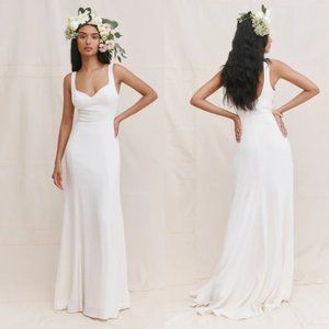 Reformation Lecce Maxi Crepe Dress Sz 4 Ivory Scoop Neck Full Skirt w/ Train